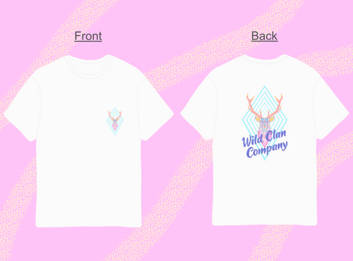White t-shirt featuring colorful deer graphic, Wild Clan Company, front and back design.