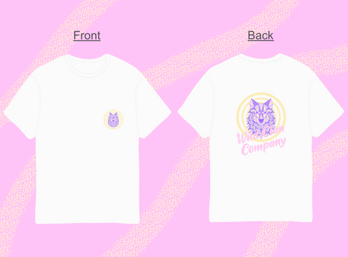 White t-shirt featuring a geometric wolf design on back, logo on front, lightweight cotton material.